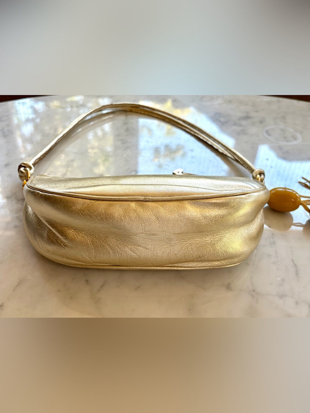 Escada Leather Shoulder Bag, zip, double strap, tassel charm, gold, EUC - Picture 6 of 15